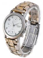 Cezar quartz karóra, számlapján felrajzolt mutatókkal, fém szíjjal, kopott, nem jár