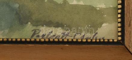 Perlrott Csaba jelzéssel: Zöldellő táj. Akvarell, papír. Üvegezett, dekoratív fa keretben. 23,5x38 c...