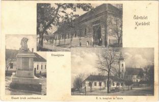 1928 Karád, Községháza, Elesett hősök szobra, emlékmű, Római katolikus templom és iskola. Falus Dezső felvétele (szakadás / tear)