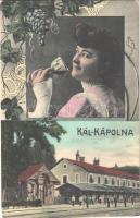 Kál-Kápolna, vasútállomás. Szőlőfürtös montázs borozó hölggyel (ragasztónyom / glue mark)