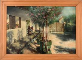 Olvashatatlan (Mártika?) 1918 jelzéssel: Virágos udvar. Olaj, vászon, fa keretben, 39x57 cm