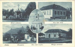 1942 Letkés, Hősök szobra, emlékmű, Községháza, Római katolikus templom és iskola, Hangya szövetkezet üzlete (EB)