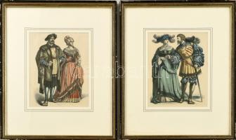 2 db antik, XIX. sz. divat metszet, színezett litográfia, papír, kissé kopott üvegezett fa keretben, 18x14,5 cm