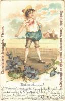 1902 Chocolaterie francaise, Vienne / Csokoládé, Cacao, csemege cukorkák és sütemények / French chocolate advertisement card. litho (EB)