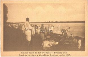 Husaren baden in der Weichsel bei Swiniary 1915 / Huszárok fürödnek a Visztulában Swiniary mellett / WWI Austro-Hungarian K.u.K. military, hussars bathing in the Vistula near Swiniary (Poland)