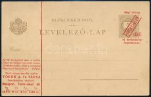 1900 Török Bankház felülnyomású használatlan milleniumi díjjegyes levelezőlap - a női fejet ábrázoló cimke hiányzik