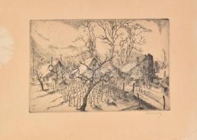 Remsey Jenő (1885-1970): Kertek alján. Rézkarc, papír, jelzett, kartonra kasírozva, lap széle foltos, 19×29,5 cm