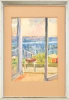 Fáber Gabriella (1903-1982): Kilátás a tengerre. Akvarell, papír, jelzett, üvegezett fa keretben, 29,5×21 cm