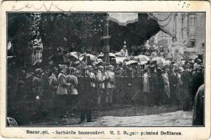 Bucharest, Bukarest, Bucuresti, Bucuresci; Serbarile Incoronarei. M.S. Regele primind Defilarea / coronation ceremony, crowd (EB)