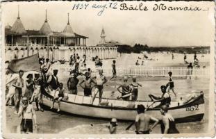 1934 Constanta, Konstanca; Baile Mamaia / strand, fürdőzők, csónak / beach, bathers, boat. photo