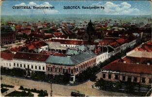 Szabadka, Subotica; Karadjordjev trg / tér, villamos, zsinagóga, üzlet / square, tram, synagogue, shops (Rb)