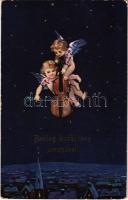 1924 Boldog karácsonyi ünnepeket! / Christmas greeting art postcard with angels (EB)