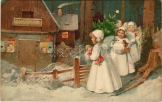 1928 Christmas greeting art postcard with angels. G.O.M. 2935. (EK)
