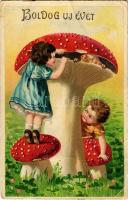 1911 Boldog Újévet! / New Year greeting art postcard with children and mushroom (EB)