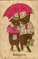 1910 Boldog Újévet! / New Year greeting art postcard with pig couple. Emb. golden litho (EB)