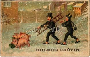 Boldog Újévet! / New Year greeting art postcard with chimney sweepers and pigs. Pittius (fl)