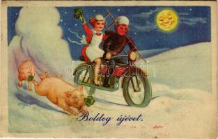 1942 Boldog Újévet! / New Year greeting art postcard with pigs, chimney sweeper and lady riding a motorcycle (EB)
