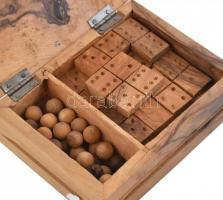 Fa játékkészlet, dominó és golyós játék, 17×14×6 cm