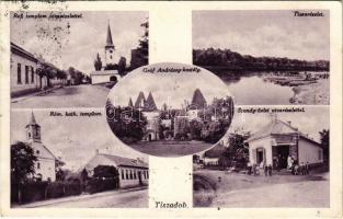 1936 Tiszadob, Református templom, Gróf Andrássy kastély, Tisza részlet, komp, utca, Római katolikus templom, Szendy János üzlete és saját kiadása (Rb)