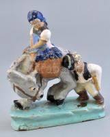 Szécsi kerámia szamarat toló fiú dísz. Mázas kerámia, jelzett, sérülésekkel. 18 cm