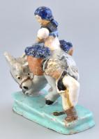 Szécsi kerámia szamarat toló fiú dísz. Mázas kerámia, jelzett, sérülésekkel. 18 cm