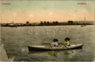 1911 Keszthely, Part részlet, csónakázó hölgyek, vitorlás. Hegyi Dezső kiadása (ragasztónyom / glue mark)