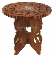 Asztalka, Összecsukható, faragott fa, gyöngyház berakással d: 30 cm