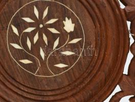 Asztalka, Összecsukható, faragott fa, gyöngyház berakással d: 30 cm