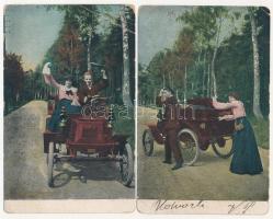 2 db RÉGI motívum képeslap autóval, vegyes minőség / 2 pre-1945 motive postcards with automobiles, mixed quality