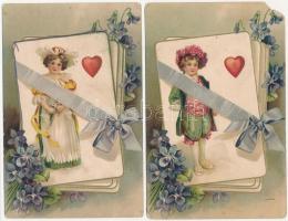2 db RÉGI dombornnyomott litho motívum képeslap kártyával, vegyes minőség / 2 pre-1945 embossed litho motive postcards with cards, mixed quality