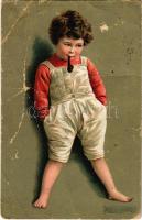 1943 Pipázó kisgyerek / Child smoking a pipe. litho (gyűrődések / creases)