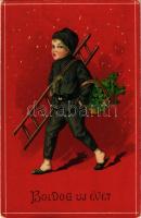 1912 Boldog új évet! Kéményseprő / New Year greeting with chimney sweeper. H&S litho (gyűrődések / creases)