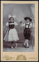 cca 1890-1900 Kislány és kisfiú jelmezben, keményhátú fotó Alscher orsovai műterméből, 10,5x6,5 cm