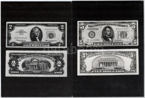 7db fekete-fehér fénykép amerikai és kanadai Dollár bankjegyekről (ebből 2db fotó összeragasztva) + 8db fekete-fehér fénymásolat (2db összeragasztva) összesen 4db NSZK Márka bankjegyről (előlap és hátlap)