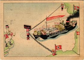 1940 Április 9. Anglia behozatala az északi országokból - Weserübung hadművelet. Magyar második világháborús propaganda képeslap / Operation Weserübung - Hungarian WWI propaganda postcard (EB)