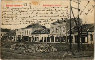 1909 Arad, Újarad, Aradul Nou; Rákóczi utca, Berthe György és Zimmer. üzlete. Mayr Lajos-féle kiadása / street, shops (EK)