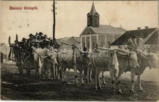 1911 Retteg, Reteag; utca, feldíszített ökörszekér, templom. Kapható Levinger Gidaljinál / street, decorated oxen carriage, church
