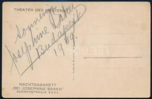 1939 Josephine Baker (1906-1975) táncosnő aláírása egy őt ábrázoló képeslapon, 14x9 cm/ 1939 Josephine Baker (1906-1975) postcard with autograph signature, 14x9 cm