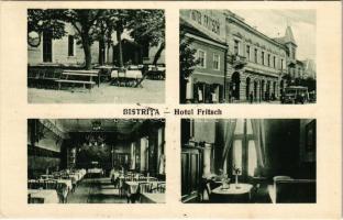 1940 Beszterce, Bistritz, Bistrita; Hotel Fritsch szálloda és étterem, autóbusz, kerthelyiség, étkező, szoba belső / hotel, restaurant, autobus, garden, dining room, interior + 1940 Beszterce visszatért So. Stpl