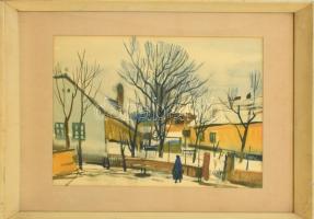 Szalóky Sándor (1921-1978): Utcarészlet. Akvarell, papír, jelezve jobbra lent, üvegezett fa keretben, 34×45,5 cm.