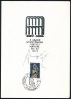 1982 Amerigo Tot (1909-1984) szobrászművész aláírása a Vigadó Galériában rendezett kiállításának emléklapján, alkalmi bélyegzéssel