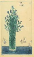 Gross Arnold (1929-2015): Enciánok. Színes rézkarc, papír, jelzett, számozott (50/24) üvegezett fa keretben, lap kissé foltos, 23×14,5 cm