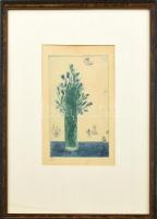 Gross Arnold (1929-2015): Enciánok. Színes rézkarc, papír, jelzett, számozott (50/24) üvegezett fa k...