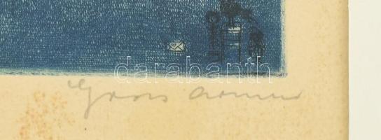 Gross Arnold (1929-2015): Enciánok. Színes rézkarc, papír, jelzett, számozott (50/24) üvegezett fa k...