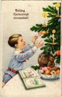 1939 Boldog Karácsonyi ünnepeket! / Christmas greeting art postcard with boy, toys, teddy bear and Christmas tree (fl)