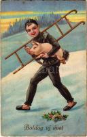 1939 Boldog Újévet! / New Year greeting art postcard with chimney sweeper and pig. BNK. 3976. (EK)