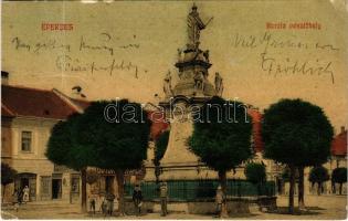 1915 Eperjes, Presov; Karafa (Caraffa) vesztőhely, üzletek / monument, statue, shops (fa)