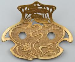 Szecessziós asztali írószer és tintatartó. Réz, zöld üveg. Papírvágó késsel. Német, 1900 körül. 26x2...