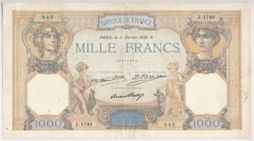 Franciaország 1932. 1000Fr T:III tűlyukak, kisebb beszakadások France 1932. 1000 Francs C:F pin holes, little tears Krause P#79