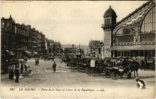 1915 Le Havre, Place de la Gare et Cours de la République / railway station, horse-drawn carriages (EB)